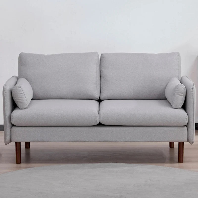 Modern Loveseat Sofa with Wood Legs, Polyester and Vegan Leather, Light Gray, Camel, Dark Green