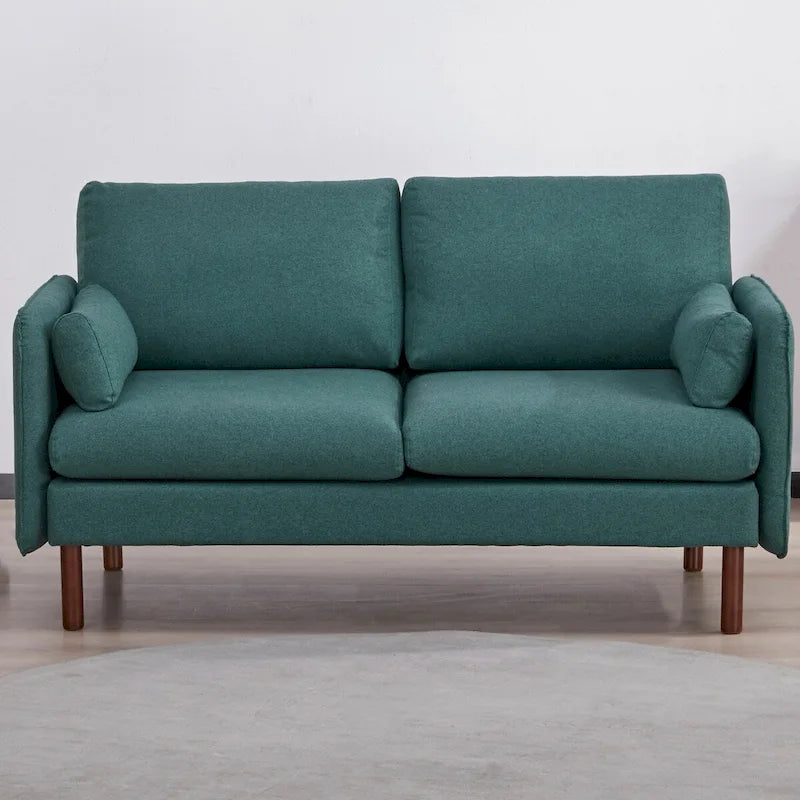 Modern Loveseat Sofa with Wood Legs, Polyester and Vegan Leather, Light Gray, Camel, Dark Green