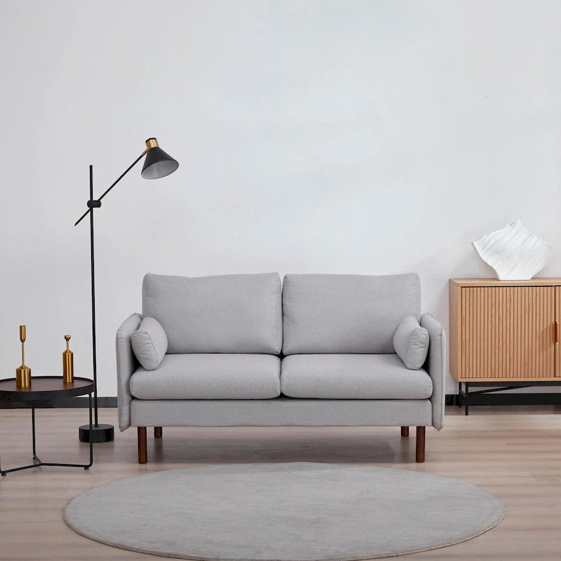 Modern Loveseat Sofa with Wood Legs, Polyester and Vegan Leather, Light Gray, Camel, Dark Green