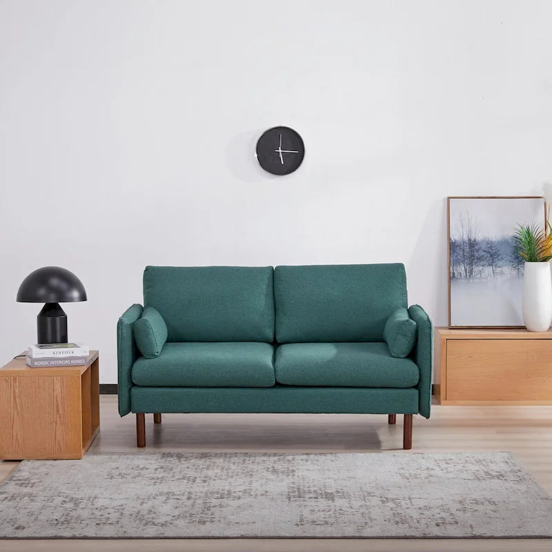 Modern Loveseat Sofa with Wood Legs, Polyester and Vegan Leather, Light Gray, Camel, Dark Green