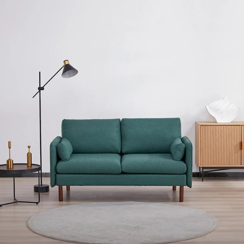 Modern Loveseat Sofa with Wood Legs, Polyester and Vegan Leather, Light Gray, Camel, Dark Green