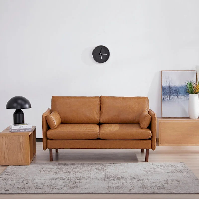 Modern Loveseat Sofa with Wood Legs, Polyester and Vegan Leather, Light Gray, Camel, Dark Green