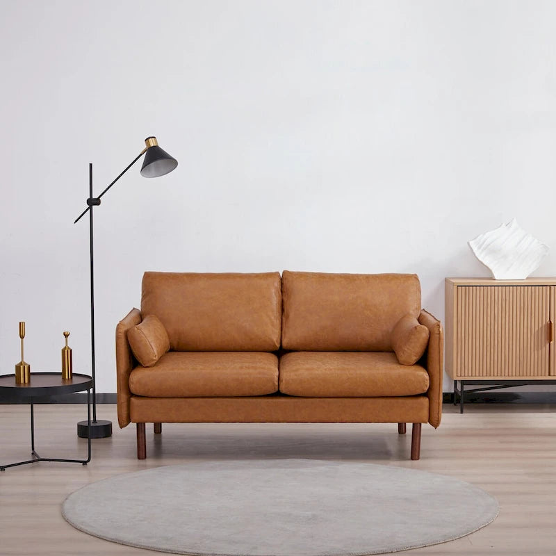 Modern Loveseat Sofa with Wood Legs, Polyester and Vegan Leather, Light Gray, Camel, Dark Green