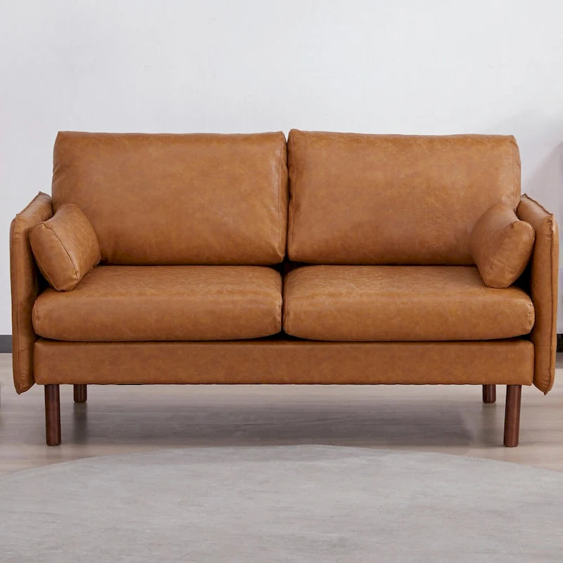Modern Loveseat Sofa with Wood Legs, Polyester and Vegan Leather, Light Gray, Camel, Dark Green