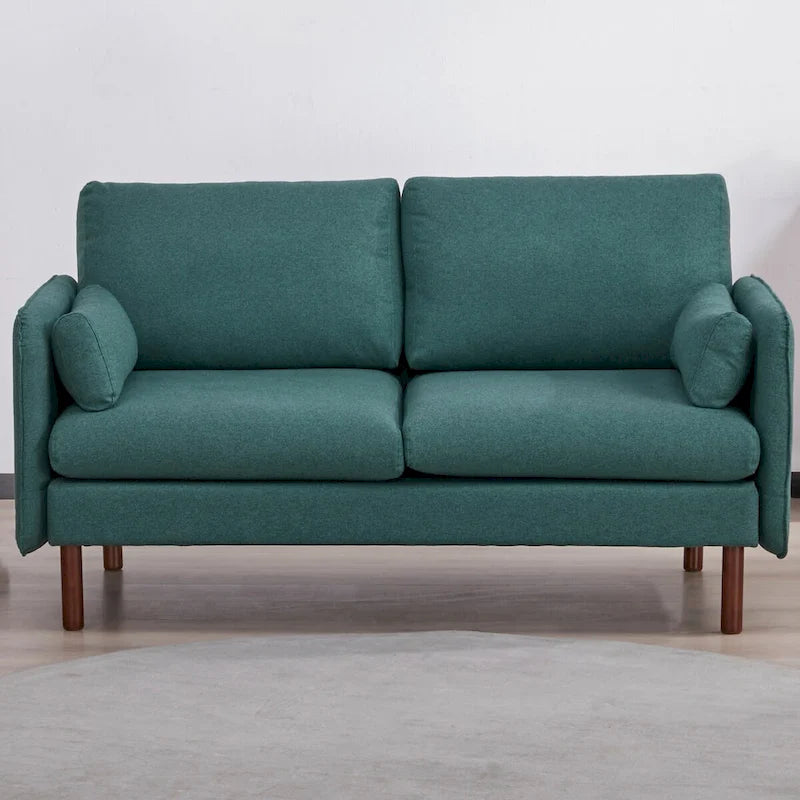 Modern Loveseat Sofa with Wood Legs, Polyester and Vegan Leather, Light Gray, Camel, Dark Green