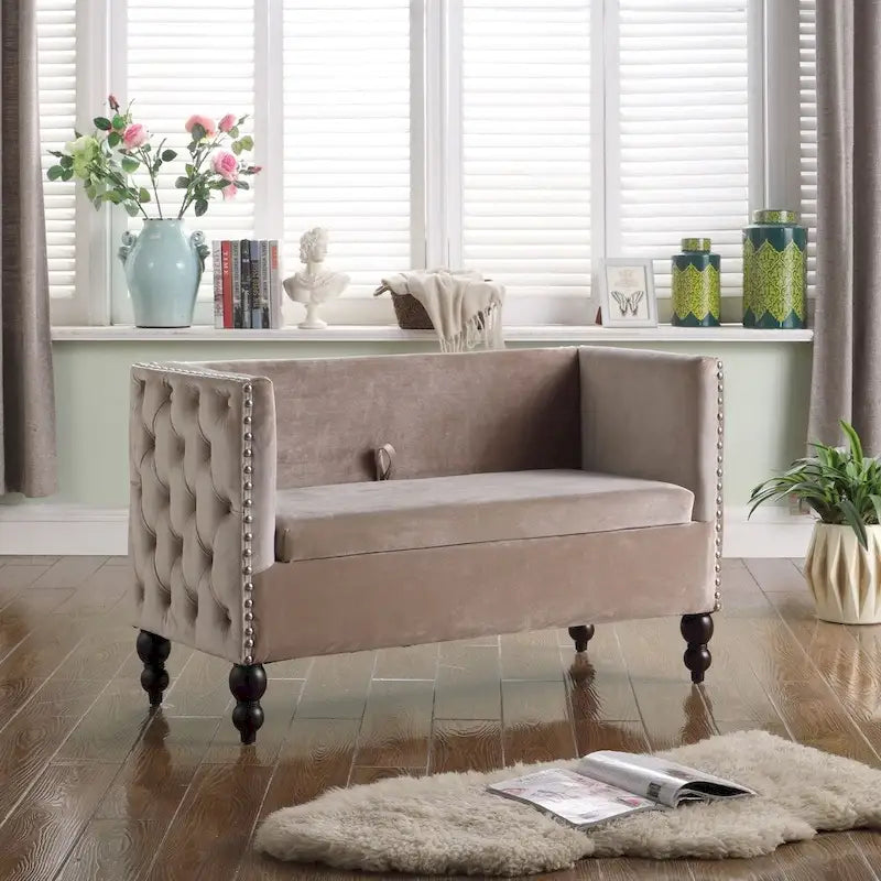 Modern Velvet Tufted Nailhead Storage Settee Loveseat