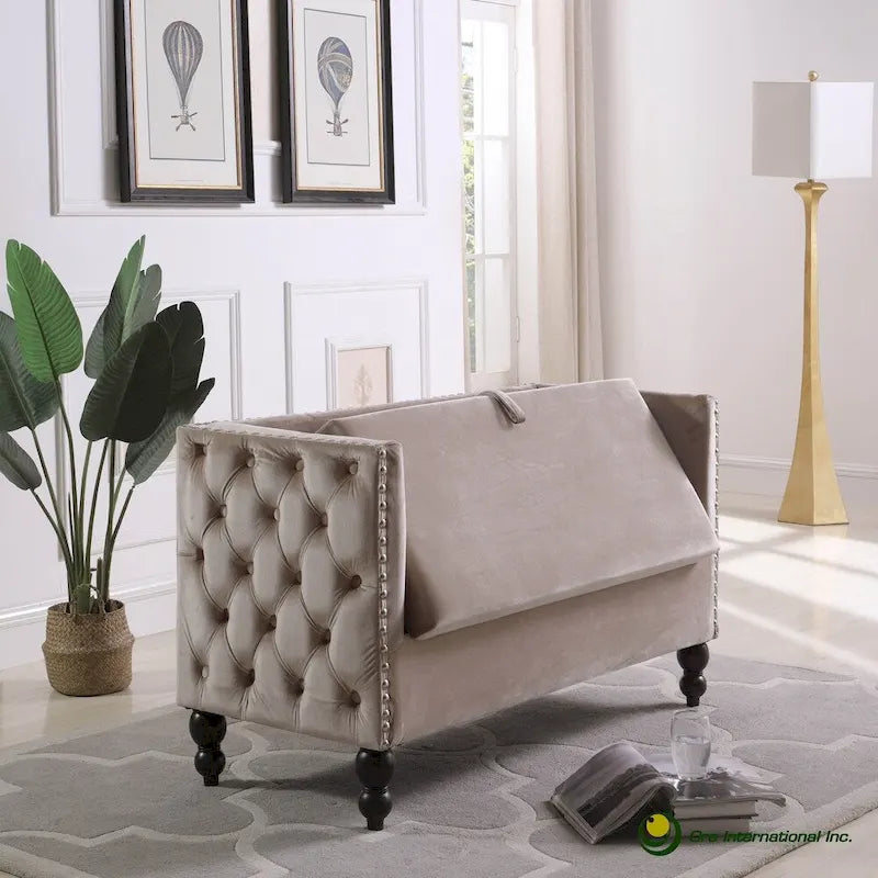 Modern Velvet Tufted Nailhead Storage Settee Loveseat