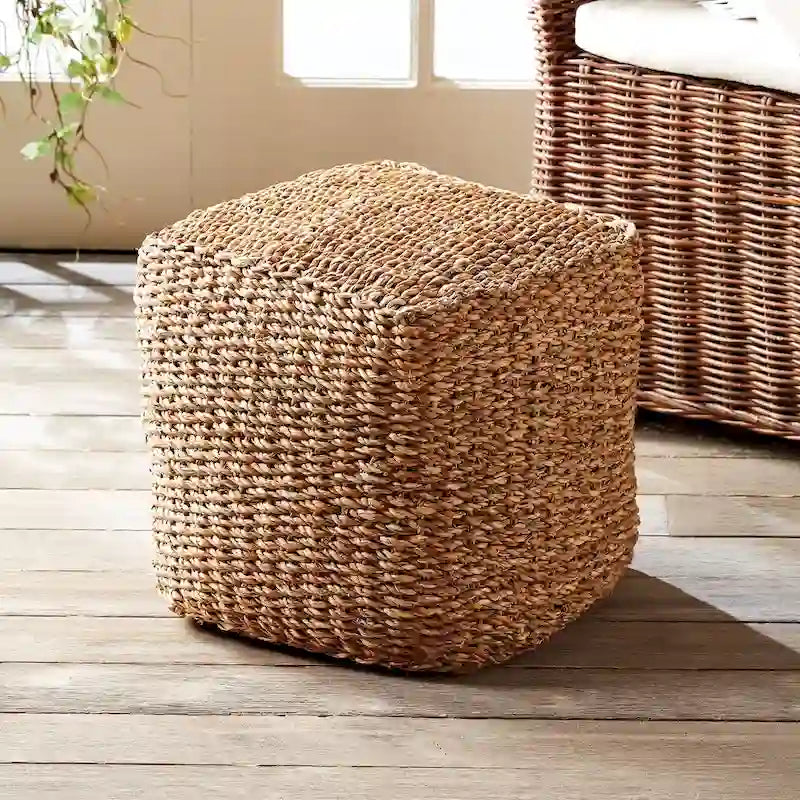 Hand-Woven Natural Seagrass Square Pouf Ottoman Natural Tan