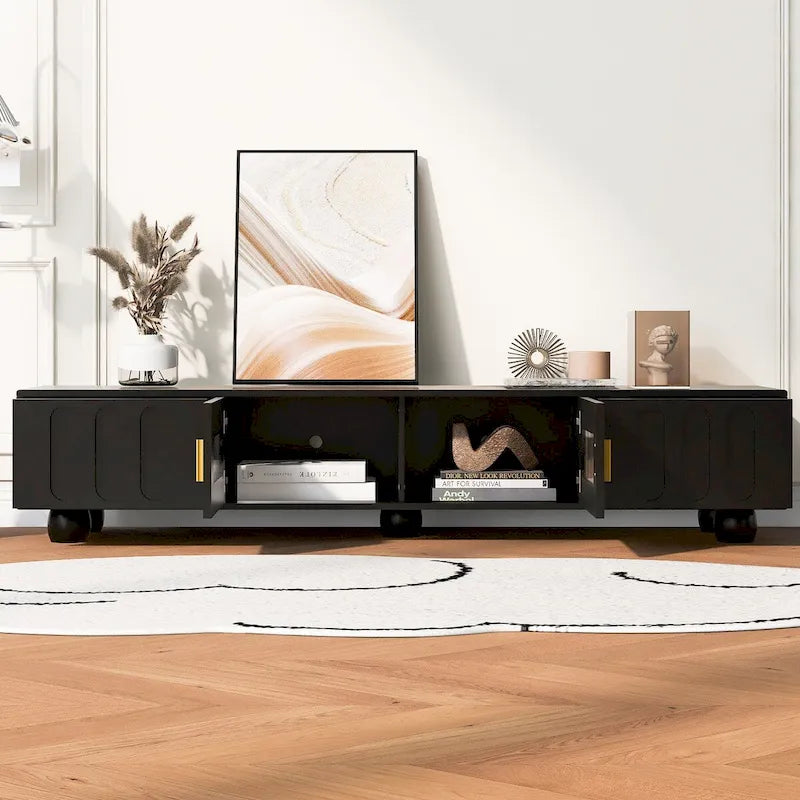 TV Stand with Glass Door, 2 Drawers, Cabinet Storage, Black or White