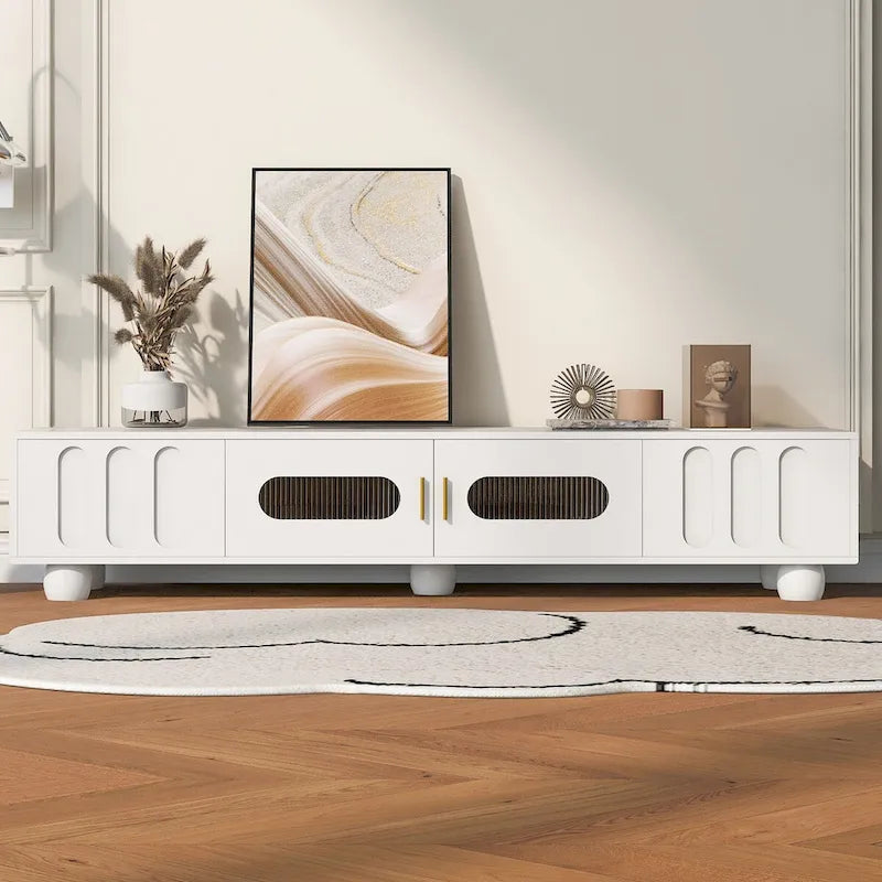 TV Stand with Glass Door, 2 Drawers, Cabinet Storage, Black or White