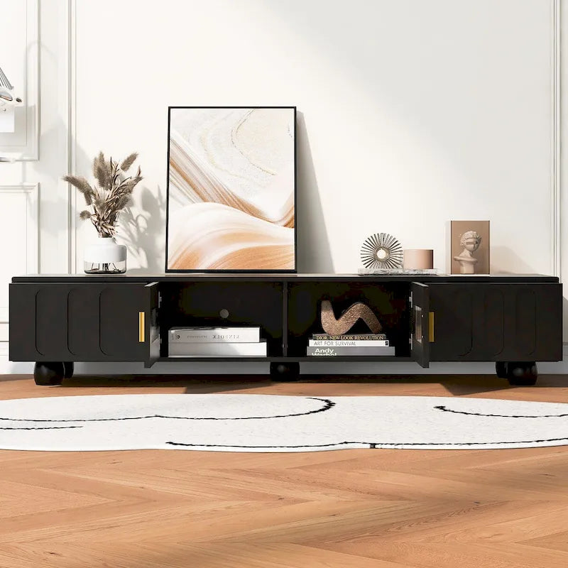 TV Stand with Glass Door, 2 Drawers, Cabinet Storage, Black or White