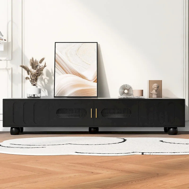 TV Stand with Glass Door, 2 Drawers, Cabinet Storage, Black or White