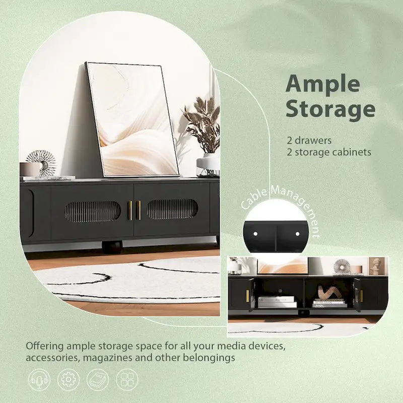 TV Stand with Glass Door, 2 Drawers, Cabinet Storage, Black or White