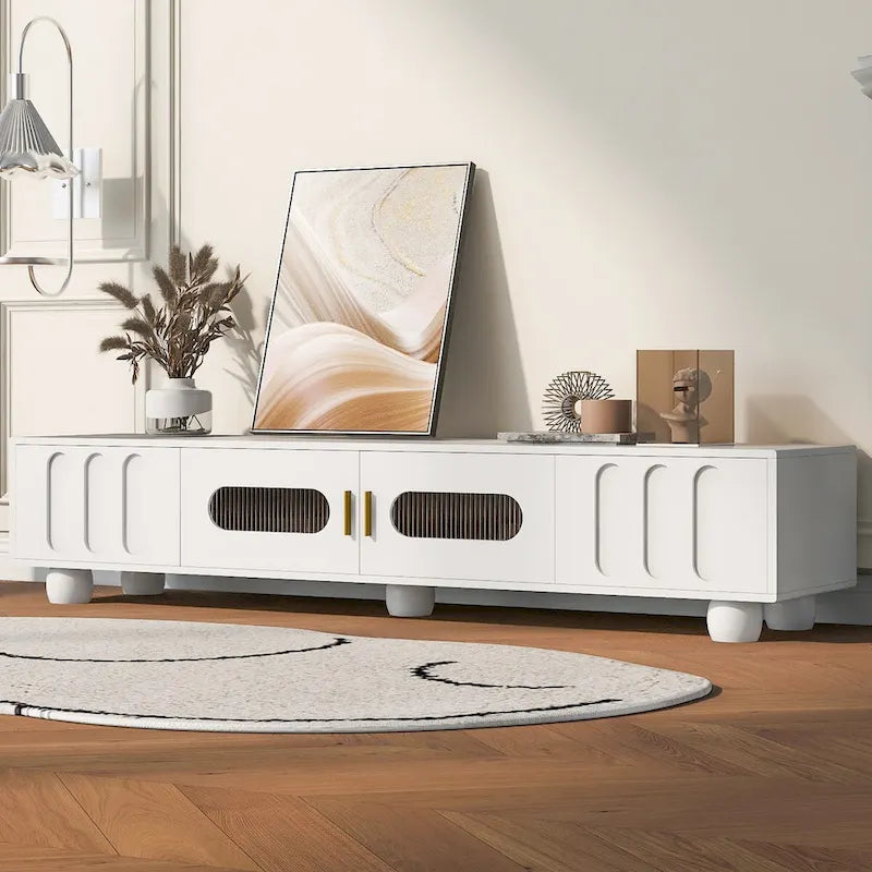 TV Stand with Glass Door, 2 Drawers, Cabinet Storage, Black or White