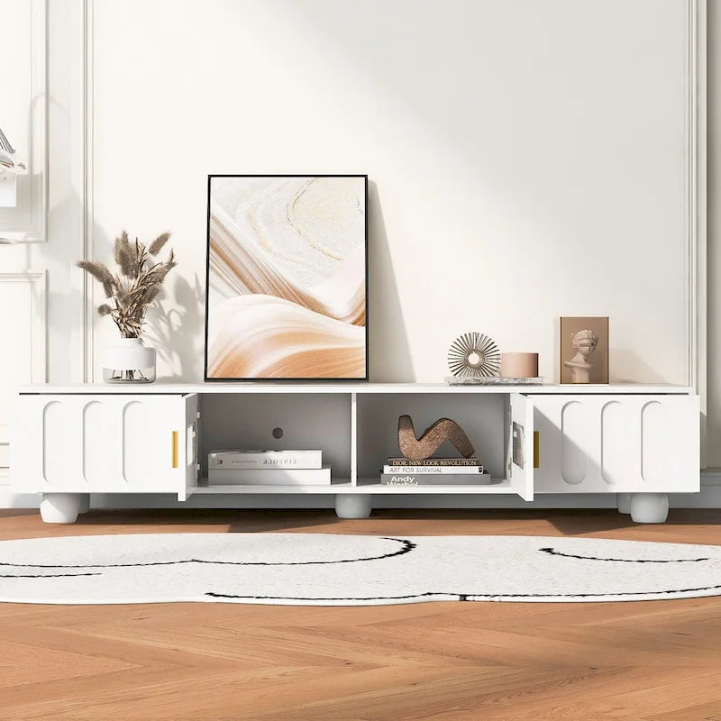 TV Stand with Glass Door, 2 Drawers, Cabinet Storage, Black or White