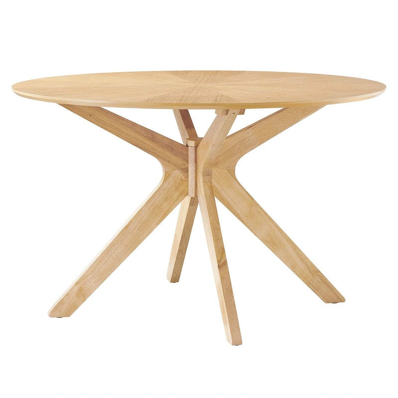 Round Wood Dining Table with Intersecting Base Oak Finish Seats Four