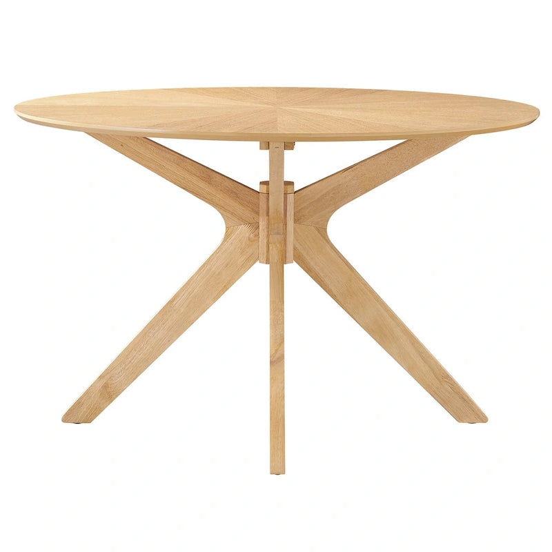 Round Wood Dining Table with Intersecting Base Oak Finish Seats Four