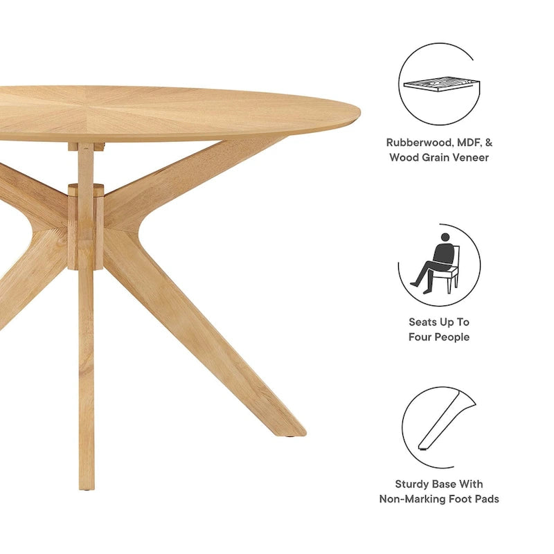 Round Wood Dining Table with Intersecting Base Oak Finish Seats Four