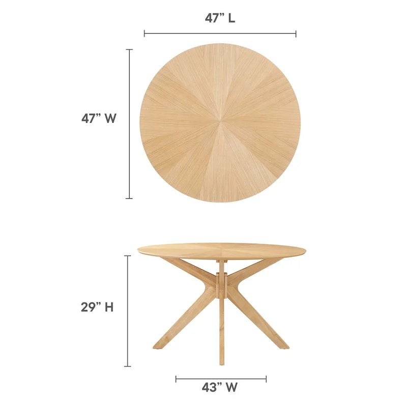 Round Wood Dining Table with Intersecting Base Oak Finish Seats Four