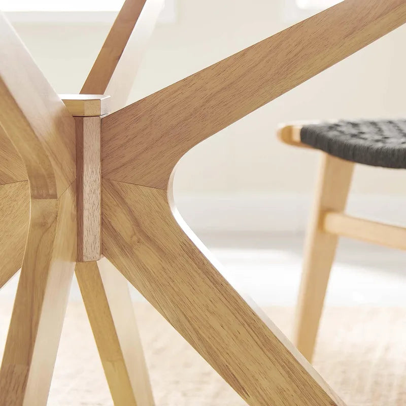 Round Wood Dining Table with Intersecting Base Oak Finish Seats Four