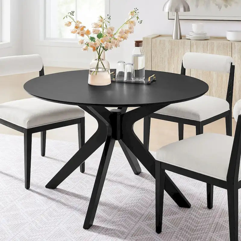 Round Wood Dining Table with Intersecting Base Oak Finish Seats Four