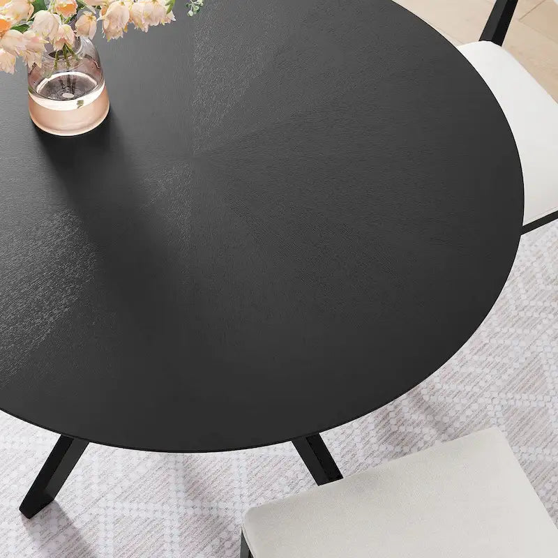 Round Wood Dining Table with Intersecting Base Oak Finish Seats Four