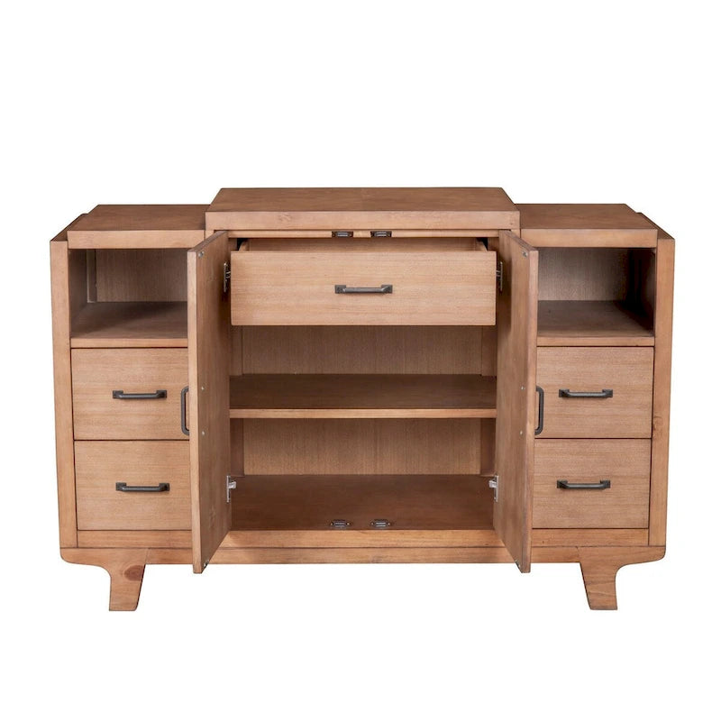 Natural Wood Sideboard Cabinet with Drawers Open Shelves Natural Finish
