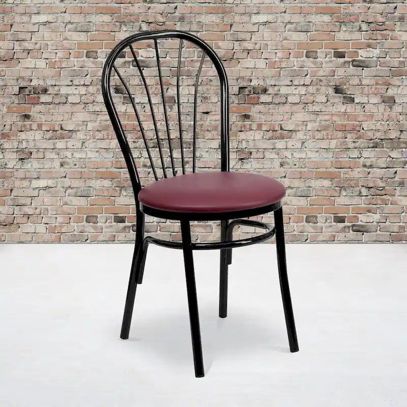 Fan Back Metal Dining Chair with Upholstered Vinyl Seat - Black or Burgundy