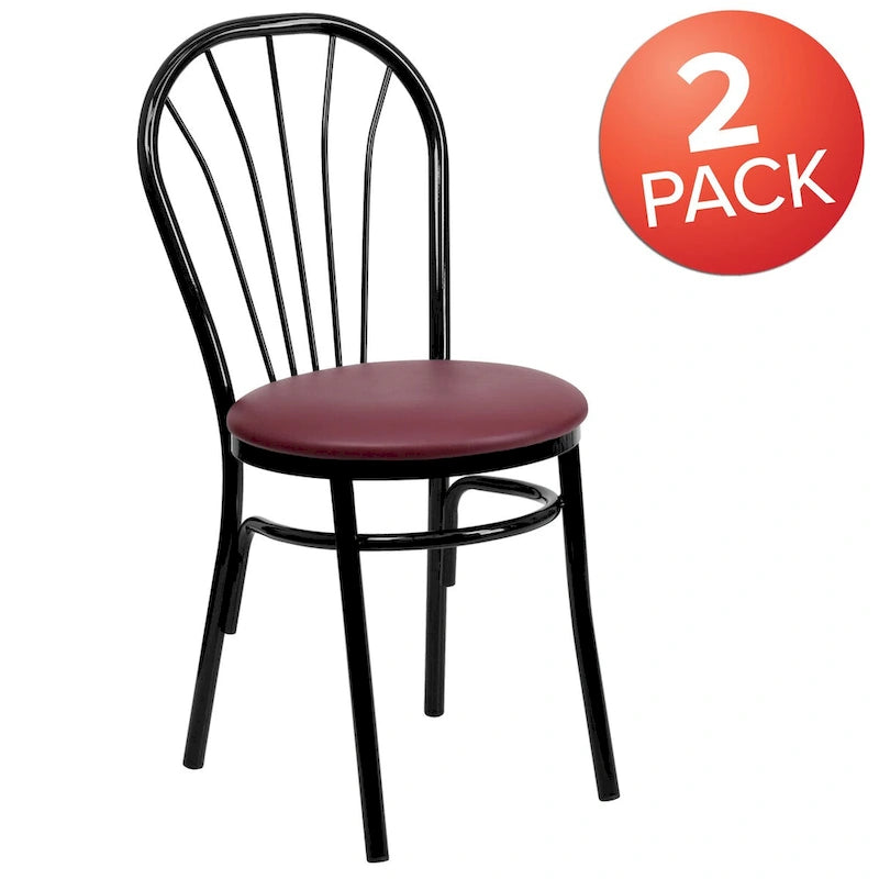 Fan Back Metal Dining Chair with Upholstered Vinyl Seat - Black or Burgundy