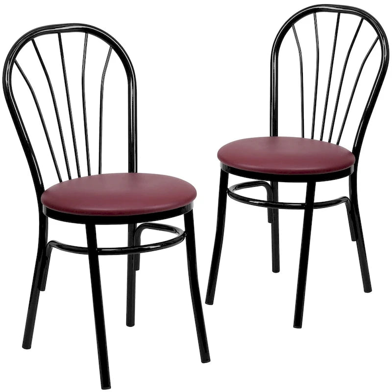 Fan Back Metal Dining Chair with Upholstered Vinyl Seat - Black or Burgundy