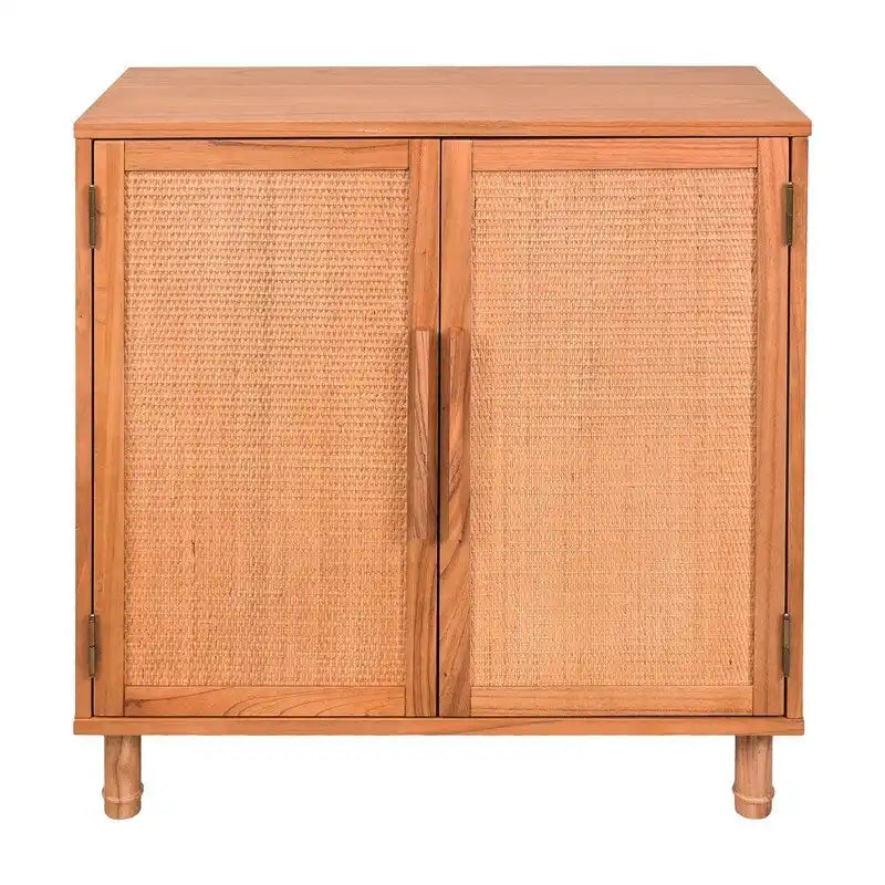 Light Blond Rattan 2-Door Storage Cabinet with Adjustable Shelf, Wood Grain Finish