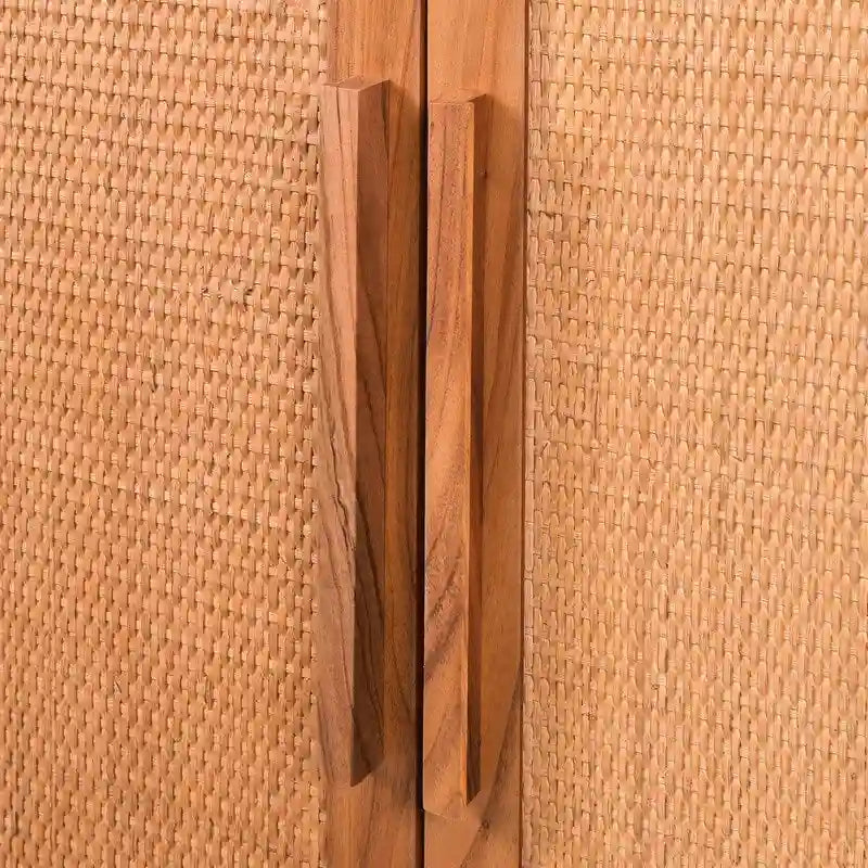 Light Blond Rattan 2-Door Storage Cabinet with Adjustable Shelf, Wood Grain Finish