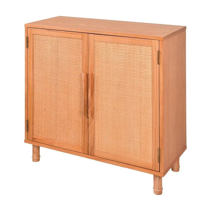 Light Blond Rattan 2-Door Storage Cabinet with Adjustable Shelf, Wood Grain Finish
