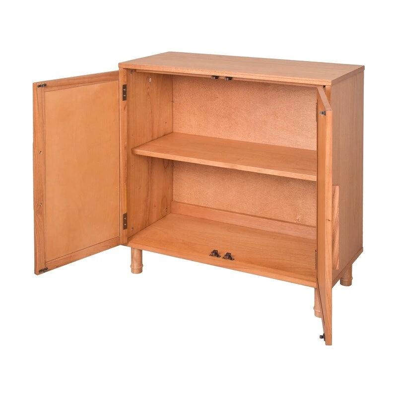 Light Blond Rattan 2-Door Storage Cabinet with Adjustable Shelf, Wood Grain Finish