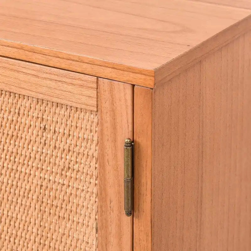 Light Blond Rattan 2-Door Storage Cabinet with Adjustable Shelf, Wood Grain Finish