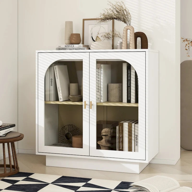 Modern White Storage Cabinet with Arched Transparent Doors and Gold Handles