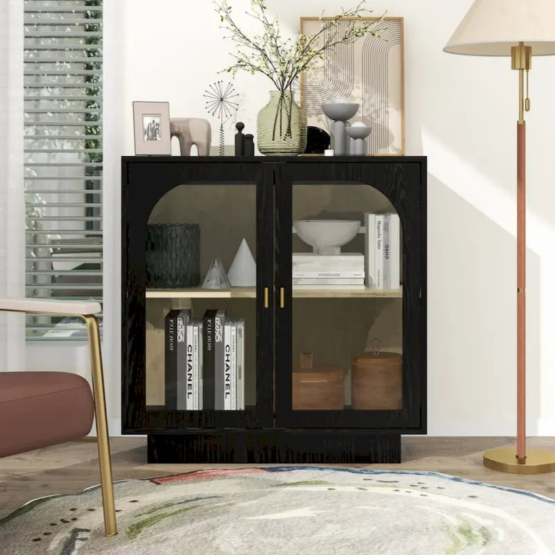 Modern White Storage Cabinet with Arched Transparent Doors and Gold Handles