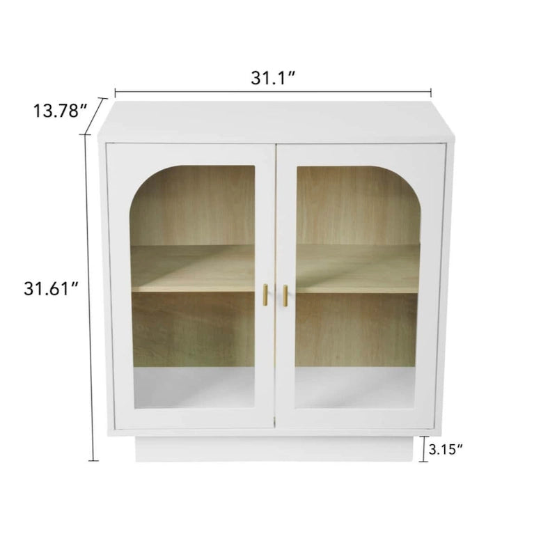 Modern White Storage Cabinet with Arched Transparent Doors and Gold Handles
