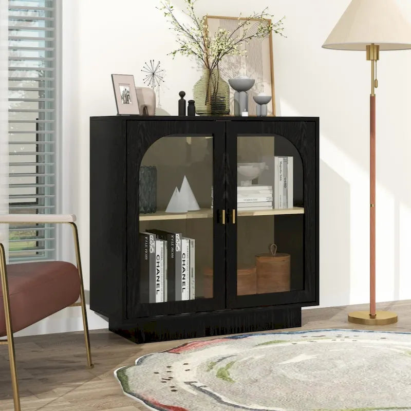 Modern White Storage Cabinet with Arched Transparent Doors and Gold Handles