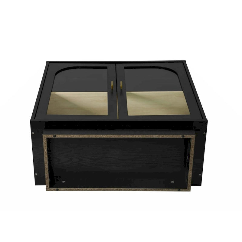 Modern White Storage Cabinet with Arched Transparent Doors and Gold Handles