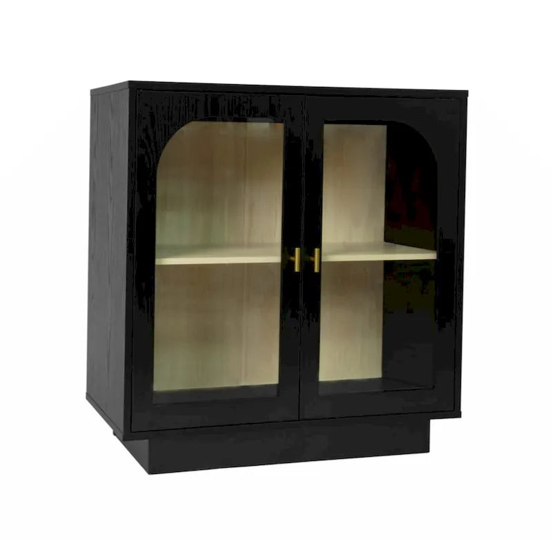 Modern White Storage Cabinet with Arched Transparent Doors and Gold Handles