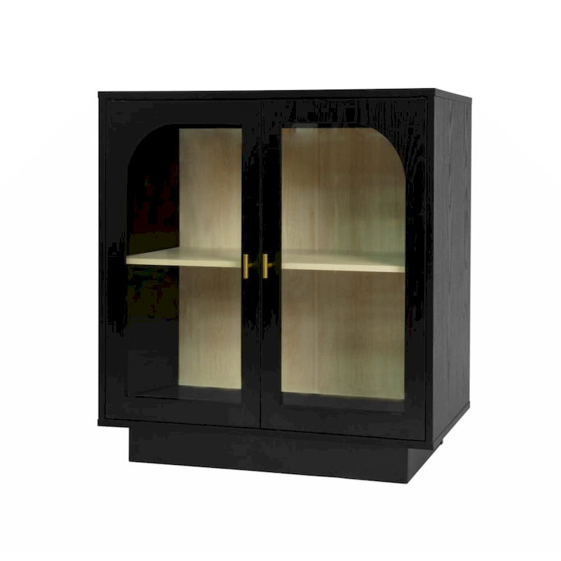 Modern White Storage Cabinet with Arched Transparent Doors and Gold Handles