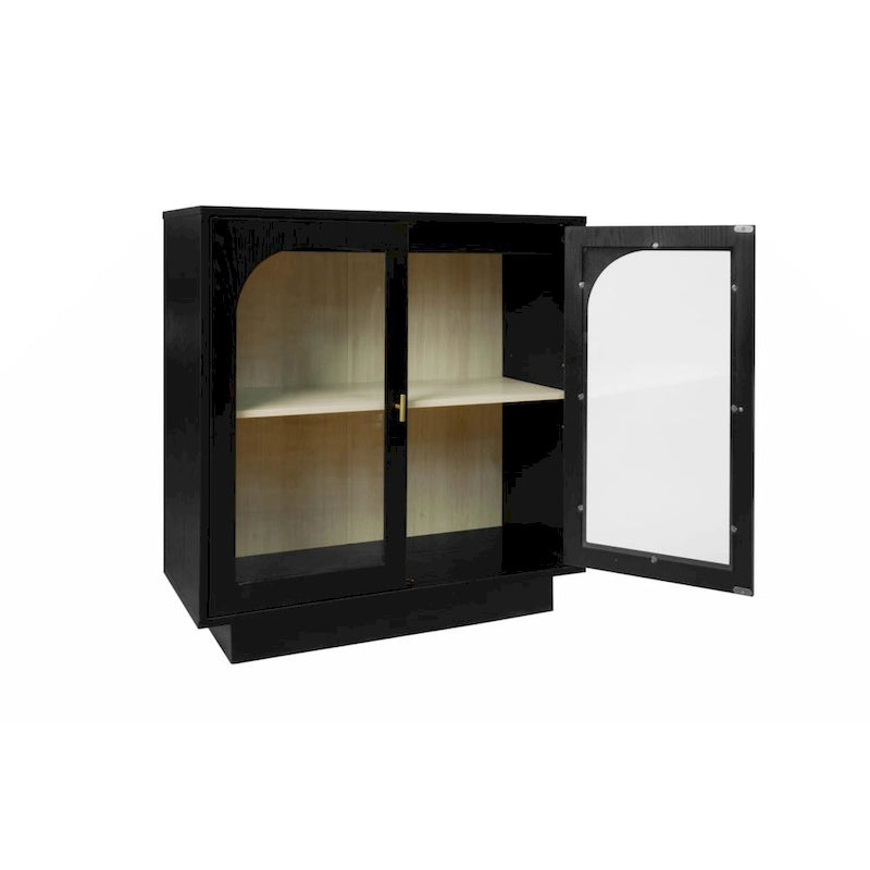 Modern White Storage Cabinet with Arched Transparent Doors and Gold Handles