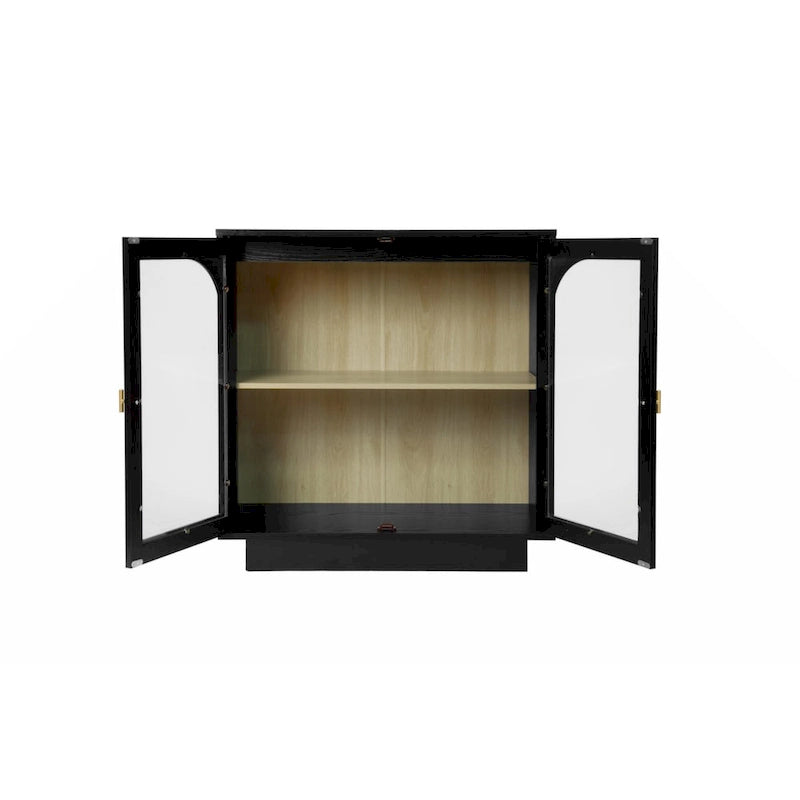 Modern White Storage Cabinet with Arched Transparent Doors and Gold Handles