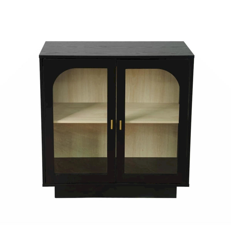 Modern White Storage Cabinet with Arched Transparent Doors and Gold Handles