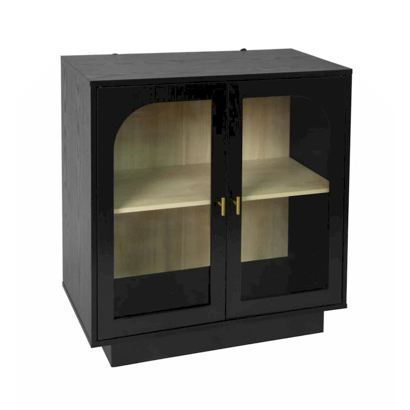 Modern White Storage Cabinet with Arched Transparent Doors and Gold Handles