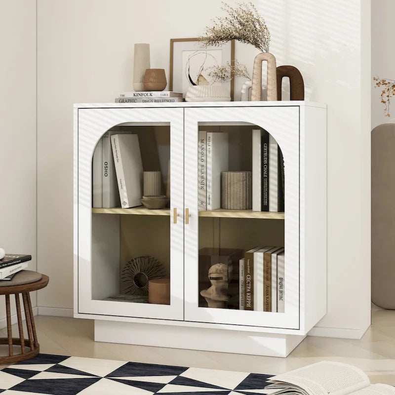 Modern White Storage Cabinet with Arched Transparent Doors and Gold Handles