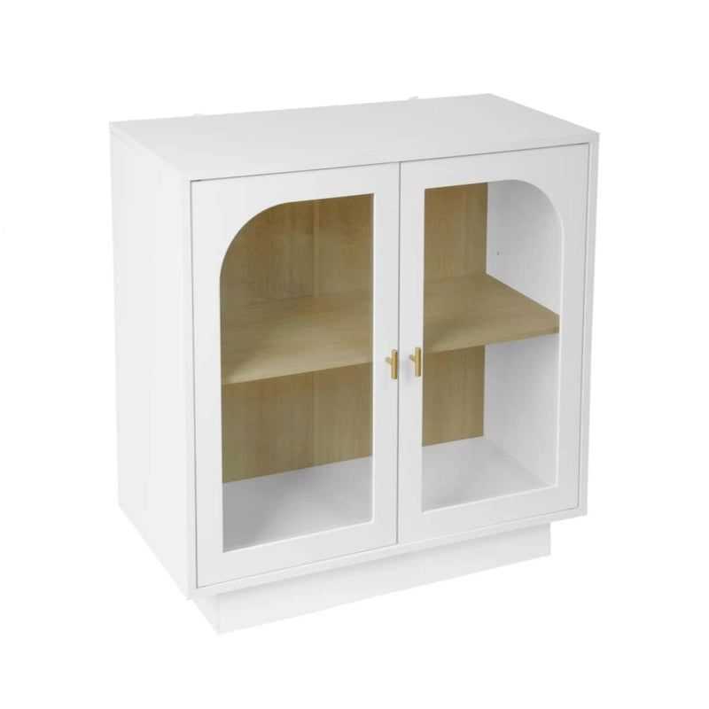 Modern White Storage Cabinet with Arched Transparent Doors and Gold Handles