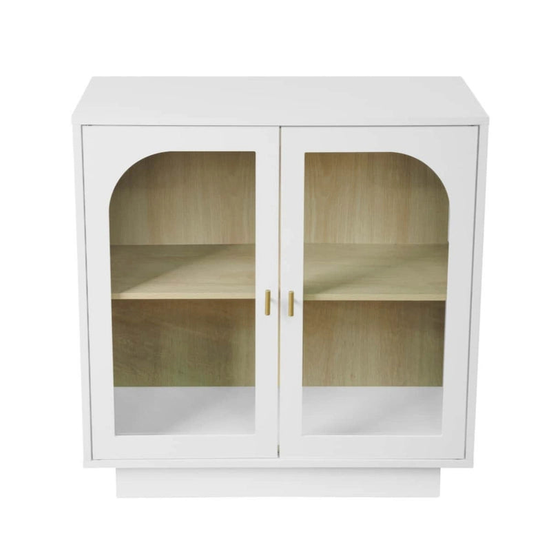 Modern White Storage Cabinet with Arched Transparent Doors and Gold Handles