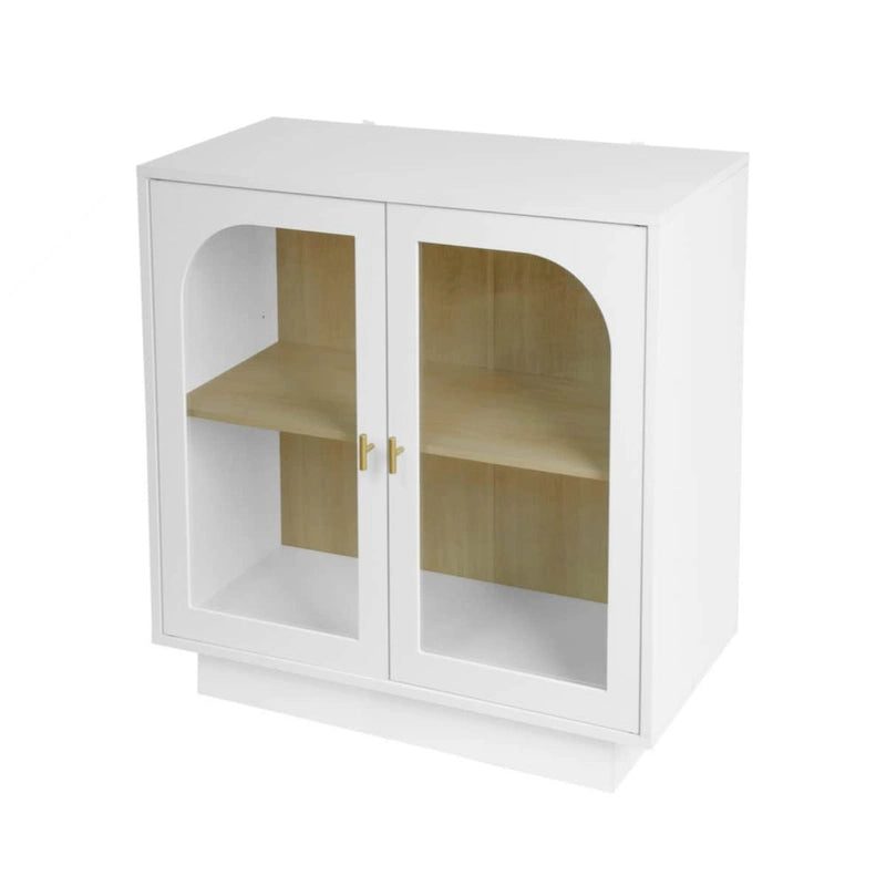 Modern White Storage Cabinet with Arched Transparent Doors and Gold Handles